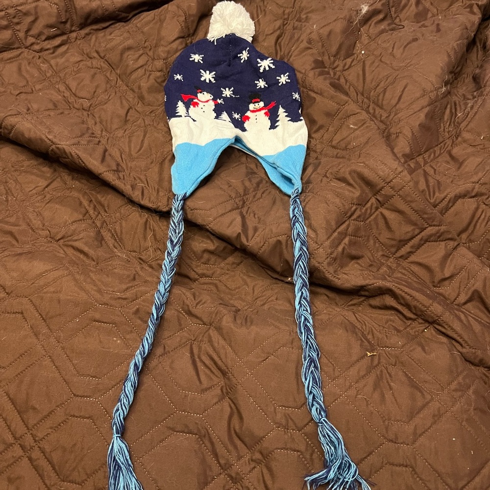 ⛄ Kids Blue Snowman Winter Hat with Braids & Pom-Pom